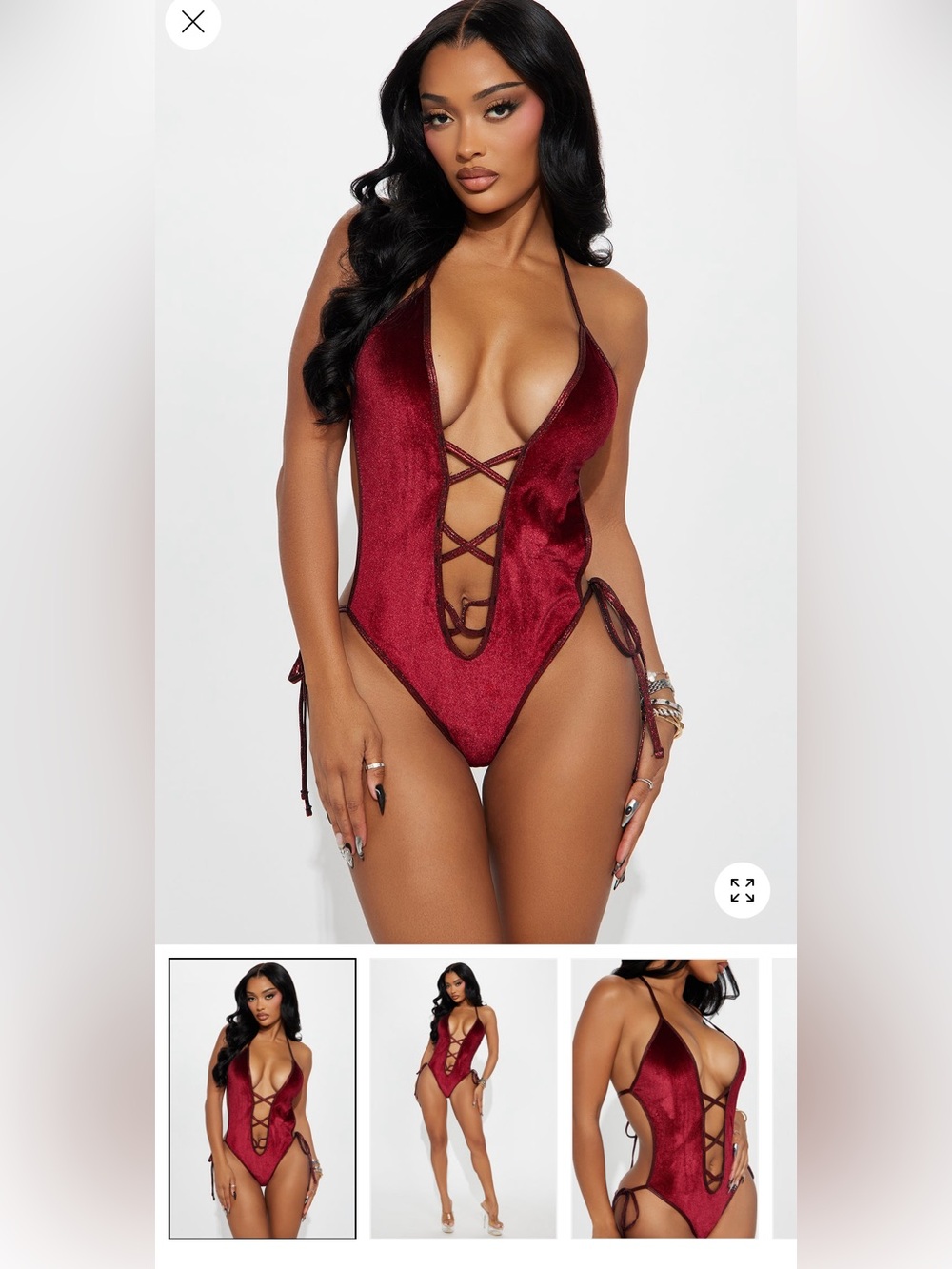 2/50$🔥Plunging Velvet Lace-Up One-Piece Swimsuit - Deep Wine